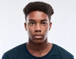 Portrait of African Teenager with Defined Defined Medium Curls and Expression on White Background photo