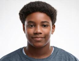 Portrait of African Teenager with Defined Defined Curly Curls and Expression on White Background photo