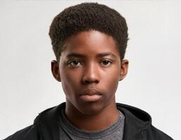 Portrait of African Teenager with Defined Defined High Curl Natural Curls on White Background photo