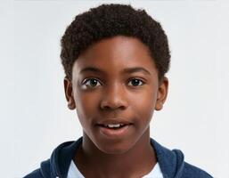 Portrait of African Teenager with Defined Defined Curly Top and Expression on White Background photo