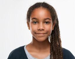 Portrait of African Teenager with Defined Defined Textured Braids and Expression on White Background photo