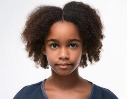 Studio Portrait of African Teenager with Defined Defined Defined Medium Length Curls on White Background photo
