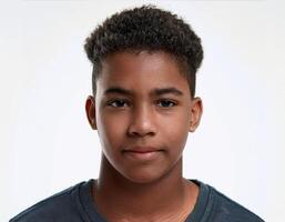 Portrait of African Teenager with Defined Defined Defined Soft Braids and Curls on White Background photo
