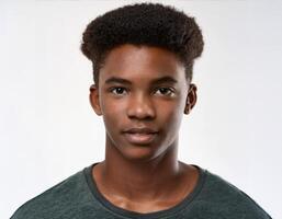 Portrait of African Teenager with Defined Defined Textured High Curl Braids on White Background photo