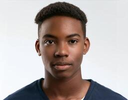 Studio Portrait of African Teenager with Defined Defined Defined Soft Curls on White Background photo
