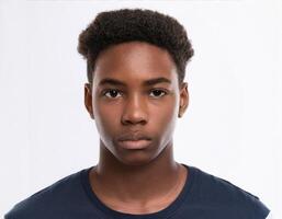 Close Up of African Teenager with Defined Defined Defined Curls on White Background photo