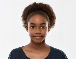 Close Up Portrait of African Teenager with Defined Defined Soft Ringlet Curls on White Background photo
