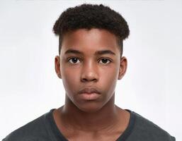 Studio Portrait of African Teenager with Defined Defined Defined Braids and Curly Texture on White Background photo