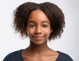 Close Up Portrait of African Teenager with Defined Defined Full Soft Curls on White Background photo