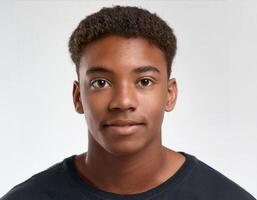 Studio Portrait of African Teenager with Defined Defined Defined Short Curly Bob on White Background photo