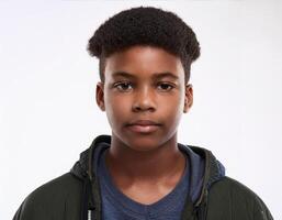 Studio Portrait of African Teenager with Defined Defined Defined Natural Curls and Expression on White Background photo