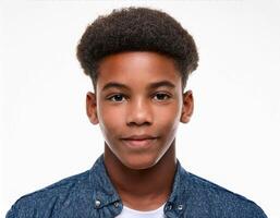 Portrait of African Teenager with Defined Defined Defined Braids and Natural Curls on White Background photo