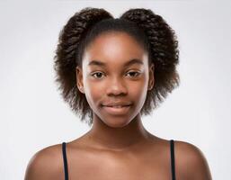 Portrait of African Teenager with Defined Defined Defined Curly Side Parted Curls on White Background photo