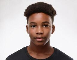 Close Up Portrait of African Teenager with Defined Defined Defined Curly High Fade on White Background photo