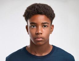 Portrait of African Teenager with Defined Defined Defined Short Natural Curls and Expression on White Background photo