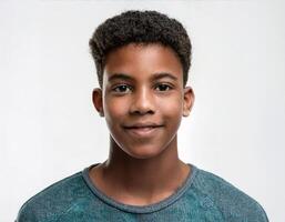 Studio Portrait of African Teenager with Defined Defined Defined Soft Curls and Expression on White Background photo