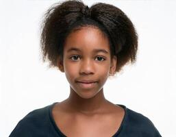 Portrait of African Teenager with Defined Defined Defined Defined High Natural Curls on White Background photo