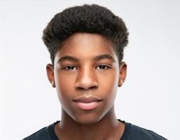 Portrait of African Teenager with Defined Defined Defined Defined Braids and Soft Expression on White Background photo