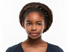 Studio Portrait of African Teenager with Defined Defined Defined Defined Full Curly Look on White Background photo