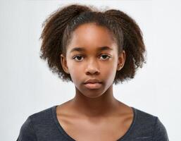 Studio Portrait of African Teenager with Defined Defined Defined Defined Natural Curly Bob on White Background photo