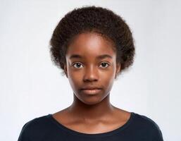 Portrait of African Teenager with Defined Defined Defined Short Curly Curls on White Background photo