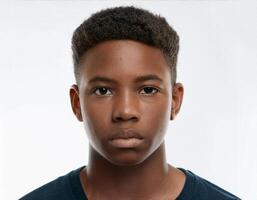 Portrait of African Teenager with Defined Defined Defined Defined High Braids and Curls on White Background photo