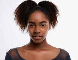 Close Up Portrait of African Teenager with Defined Defined Defined Soft Curly Texture on White Background photo
