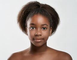 Portrait of African Teenager with Defined Defined Defined Medium Braids and Curls on White Background photo