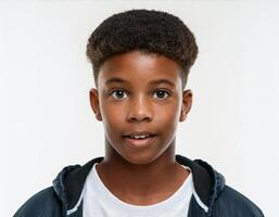 Studio Portrait of African Teenager with Defined Defined Defined Defined Short Curly Braids on White Background photo