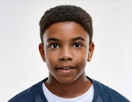 Portrait of African Teenager with Defined Defined Defined Defined Medium Curly Braids on White Background photo