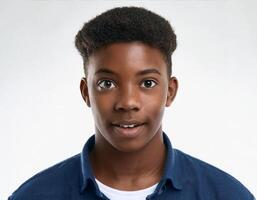 Close Up Portrait of African Teenager with Defined Defined Defined Defined Curly Side Parted Curls on White Background photo