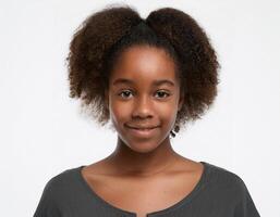 Portrait of African Teenager with Defined Defined Defined Defined Braided Curls and Expression on White Background photo