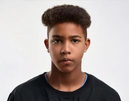 Portrait of African Teenager with Defined Defined Defined Defined Full Natural Curly Braids on White Background photo