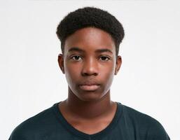 Portrait of African Teenager with Defined Defined Defined Defined Medium Curls and Braids on White Background photo