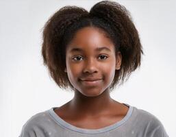 Close Up Portrait of African Teenager with Defined Defined Defined Defined Soft Braids and Natural Curls on White Background photo