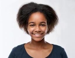 Studio Portrait of African Teenager with Defined Defined Defined Defined High Curly Texture on White Background photo