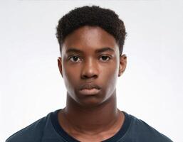 Portrait of African Teenager with Defined Defined Defined Defined Short Curly Curls with Expression on White Background photo