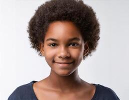 Close Up Portrait of African Teenager with Defined Defined Defined Defined Natural Curls and Expression on White Background photo