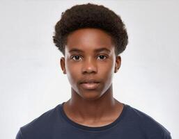 Portrait of African Teenager with Defined Defined Defined Defined Natural Curls and Expression on White Background photo