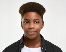 Close Up Portrait of African Teenager with Defined Defined Defined Defined Curly Braids on White Background photo
