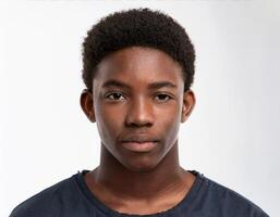 Studio Portrait of African Teenager with Defined Defined Defined Defined Full Curls and Expression on White Background photo