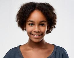 Portrait of African Teenager with Defined Defined Defined Defined High Curl Braids and Expression on White Background photo