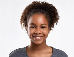 Close Up Portrait of African Teenager with Defined Defined High Curl Textured Braids on White Background photo