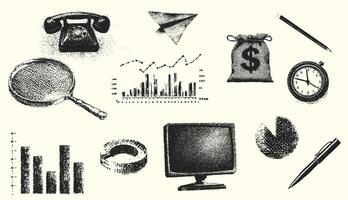 A conceptual illustration of business and finance with classic business objects. The image includes financial charts and graphs for planning and analysis with photocopy style grunge effect. vector