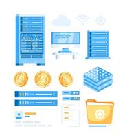 Set of cloud storage illustrations provided by the server. Cloud data center, computer connections, hosting servers, database synchronization, mining. vector