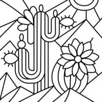 Illustration of cacti in the mountains in line style, suitable for a coloring book. vector