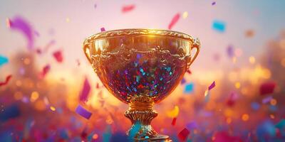 A golden trophy is surrounded by a confetti of various colors on a blurred background photo