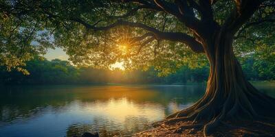 Sunlight Through Tree Branches Over Calm Lake Surface at Sunset with reflection of the light on water photo