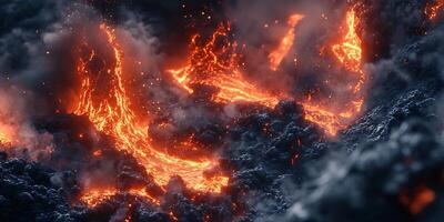 Dramatic Volcanic Landscape with Flowing Lava and Dark Ash Clouds creating a fiery texture photo