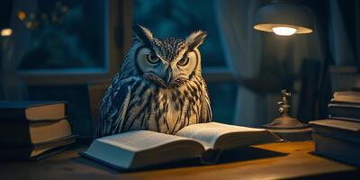An Owl sits at a desk under a lamp, reading an open book, surrounded by other books in dark ambient photo